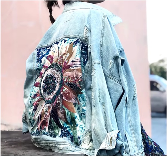 Boho Floral Print Beaded Distressed Denim Jean Jacket - Picture 1 of 10